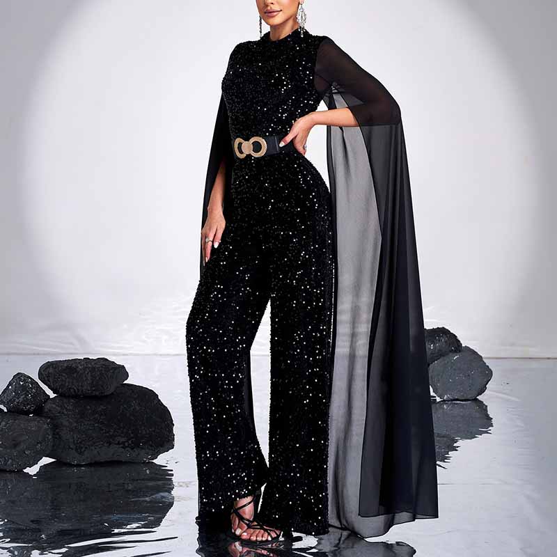 Black Beltted One Piece Suit Sequin Jumpsuit With Cape Sleeves Chic Romper