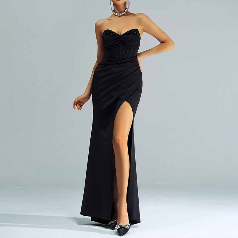 Black Bustier Long Evening Dress High Split Formal Wrap Maxi Dress