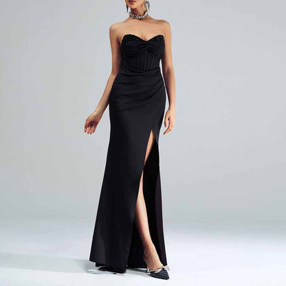 Black Bustier Long Evening Dress High Split Formal Wrap Maxi Dress