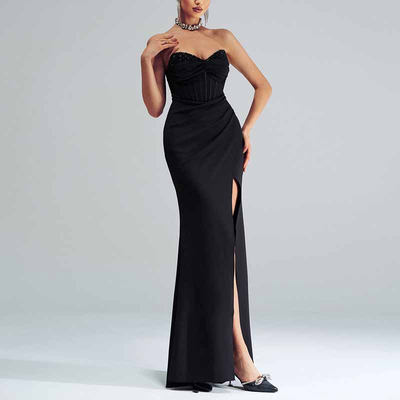 Black Bustier Long Evening Dress High Split Formal Wrap Maxi Dress