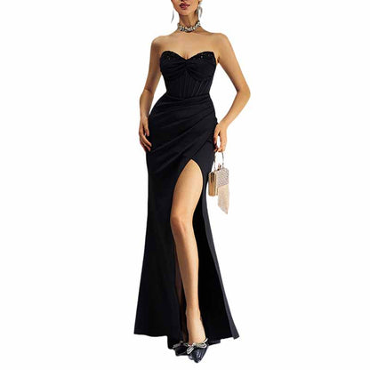 Black Bustier Long Evening Dress High Split Formal Wrap Maxi Dress