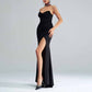 Black Bustier Long Evening Dress High Split Formal Wrap Maxi Dress