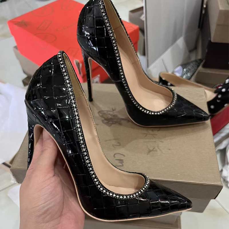 Black Checkered Rhinestone Stiletto Heels - Plus Size
