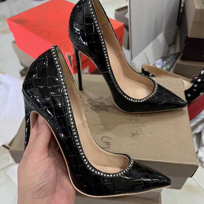 Black Checkered Rhinestone Stiletto Heels - Plus Size