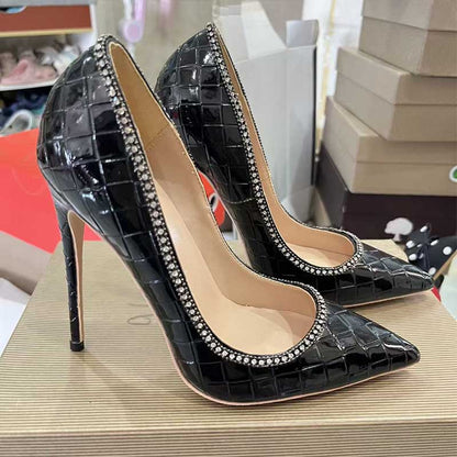 Black Checkered Rhinestone Stiletto Heels - Plus Size