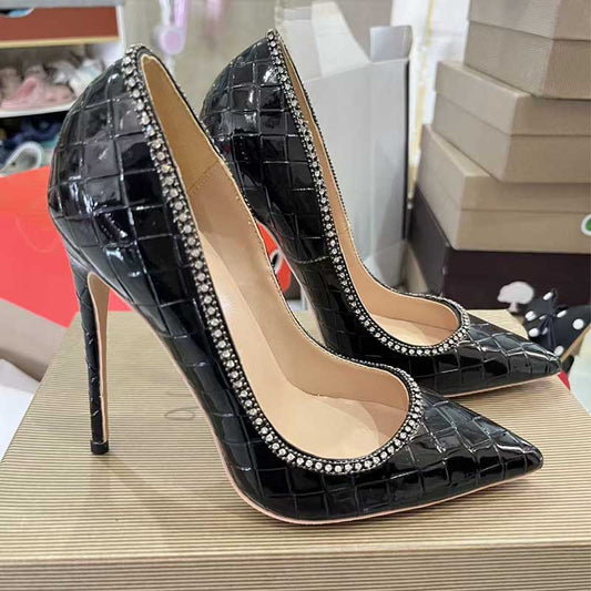 Black Checkered Rhinestone Stiletto Heels - Plus Size