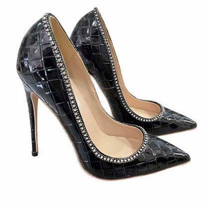Black Checkered Rhinestone Stiletto Heels - Plus Size