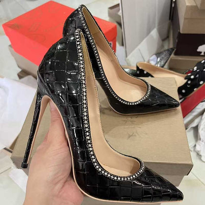 Black Checkered Rhinestone Stiletto Heels - Plus Size