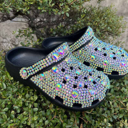 Black Crocs Closed Toe Clog Shoes Rhinestone Beads Mules Slip on Sandals