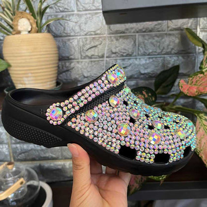 Black Crocs Closed Toe Clog Shoes Rhinestone Beads Mules Slip on Sandals