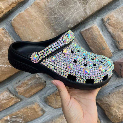 Black Crocs Closed Toe Clog Shoes Rhinestone Beads Mules Slip on Sandals