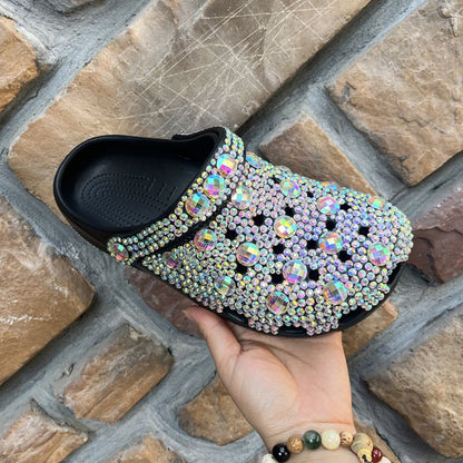 Black Crocs Closed Toe Clog Shoes Rhinestone Beads Mules Slip on Sandals