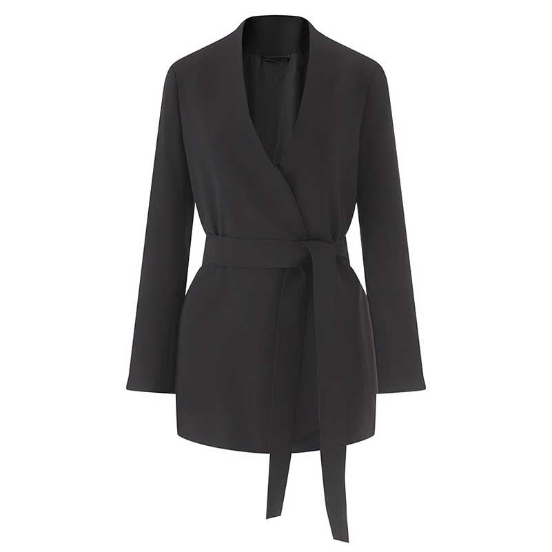 Women's Belted Blazer Coat | Collarless V-Neck Mid-Length Style
