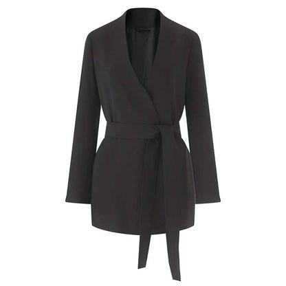 Women's Belted Blazer Coat | Collarless V-Neck Mid-Length Style