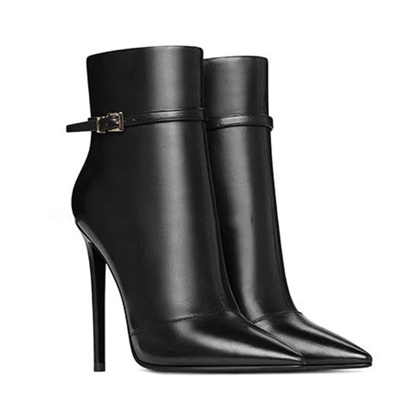 Black Faux Leather Pointed Toe Stiletto Ankle Boots with Buckle Strap