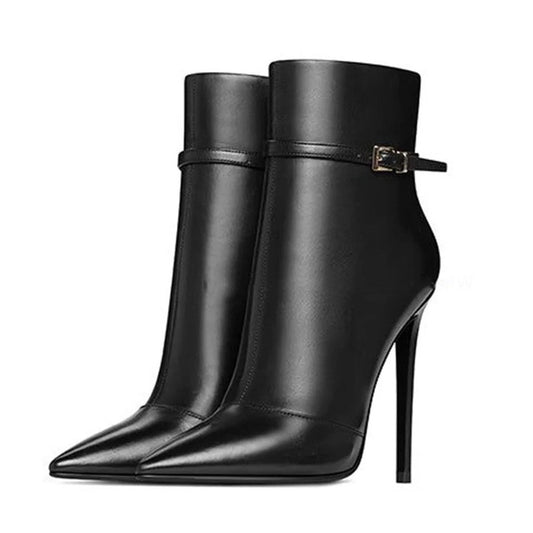 Black Faux Leather Pointed Toe Stiletto Ankle Boots with Buckle Strap