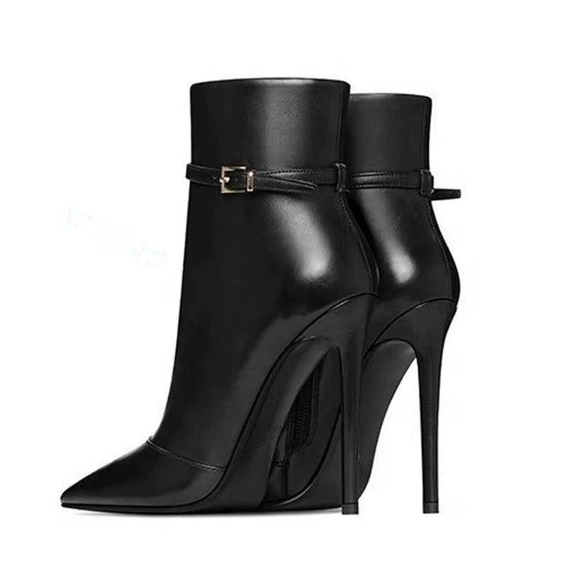 Black Faux Leather Pointed Toe Stiletto Ankle Boots with Buckle Strap