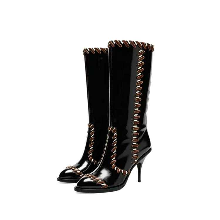 Black Faux Leather Knee High Stiletto Boots with Whipstitch Detail