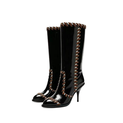 Black Faux Leather Knee High Stiletto Boots with Whipstitch Detail