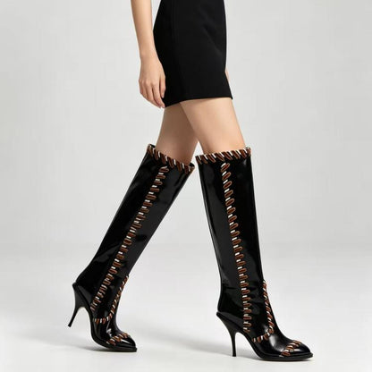 Black Faux Leather Knee High Stiletto Boots with Whipstitch Detail