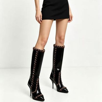 Black Faux Leather Knee High Stiletto Boots with Whipstitch Detail