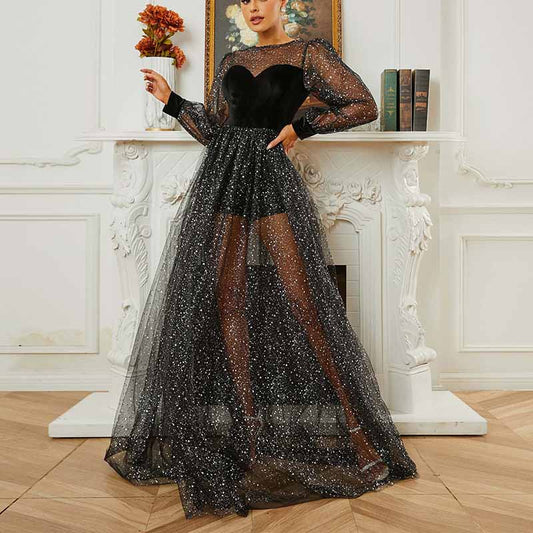 Black Glitter Prom Dress A-Line Long Bishop Sleeve Gauze Evening Gown