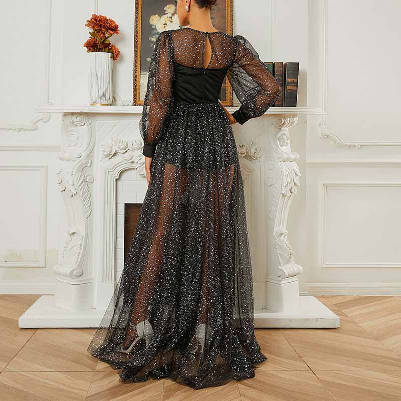 Black Glitter Prom Dress A-Line Long Bishop Sleeve Gauze Evening Gown