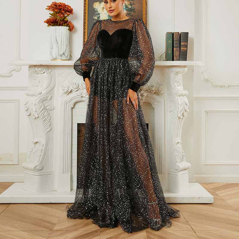 Black Glitter Prom Dress A-Line Long Bishop Sleeve Gauze Evening Gown