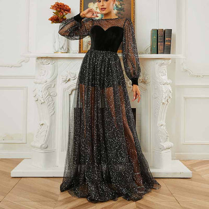 Black Glitter Prom Dress A-Line Long Bishop Sleeve Gauze Evening Gown