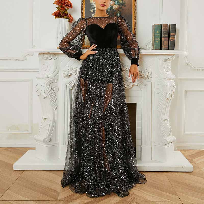 Black Glitter Prom Dress A-Line Long Bishop Sleeve Gauze Evening Gown