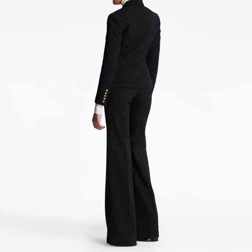 Black Pinstripe Double-Breasted Pantsuit Wide-Leg Formal Suit