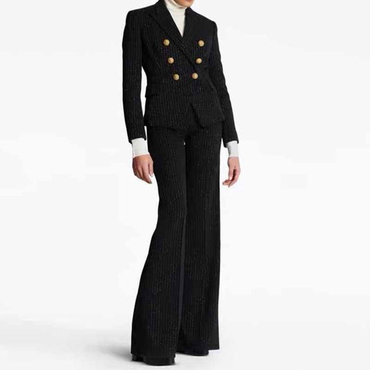 Black Pinstripe Double-Breasted Pantsuit Wide-Leg Formal Suit