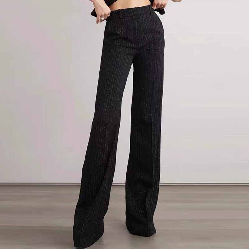 Black Pinstripe Double-Breasted Pantsuit Wide-Leg Formal Suit