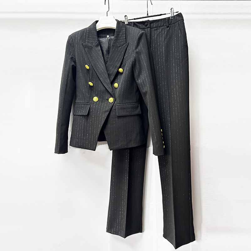 Black Pinstripe Double-Breasted Pantsuit Wide-Leg Formal Suit