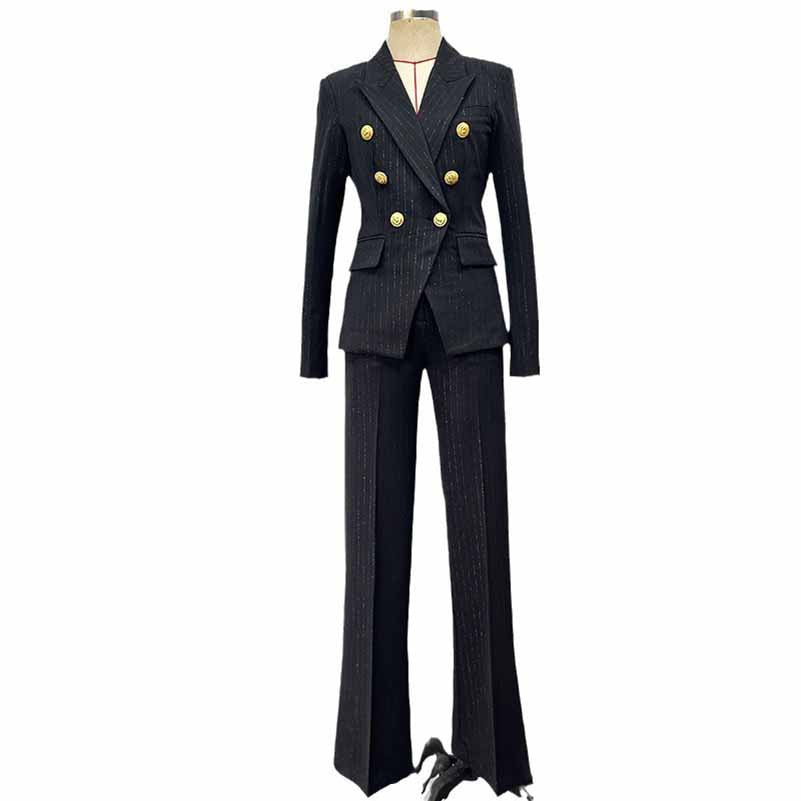 Black Pinstripe Double-Breasted Pantsuit Wide-Leg Formal Suit