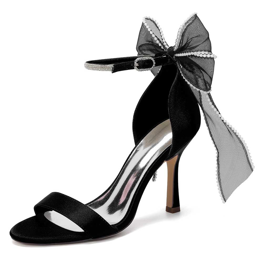 High Heel Sandals for Women | Bridal Wedding Shoes with Ankle Strap & Organza Bow | Satin Open Toe Stilettos for Party Evening Formal