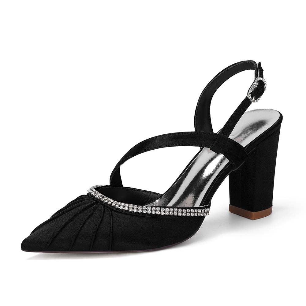 Women's High Heel Sandals with Rhinestones, Crisscross T-Strap Buckle, Chunky Heel & Peep Toe