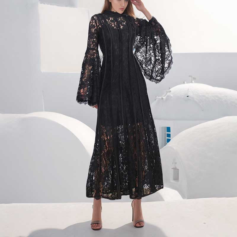 Black Hollow Embroidery Midi Dress With Flare Sleeves