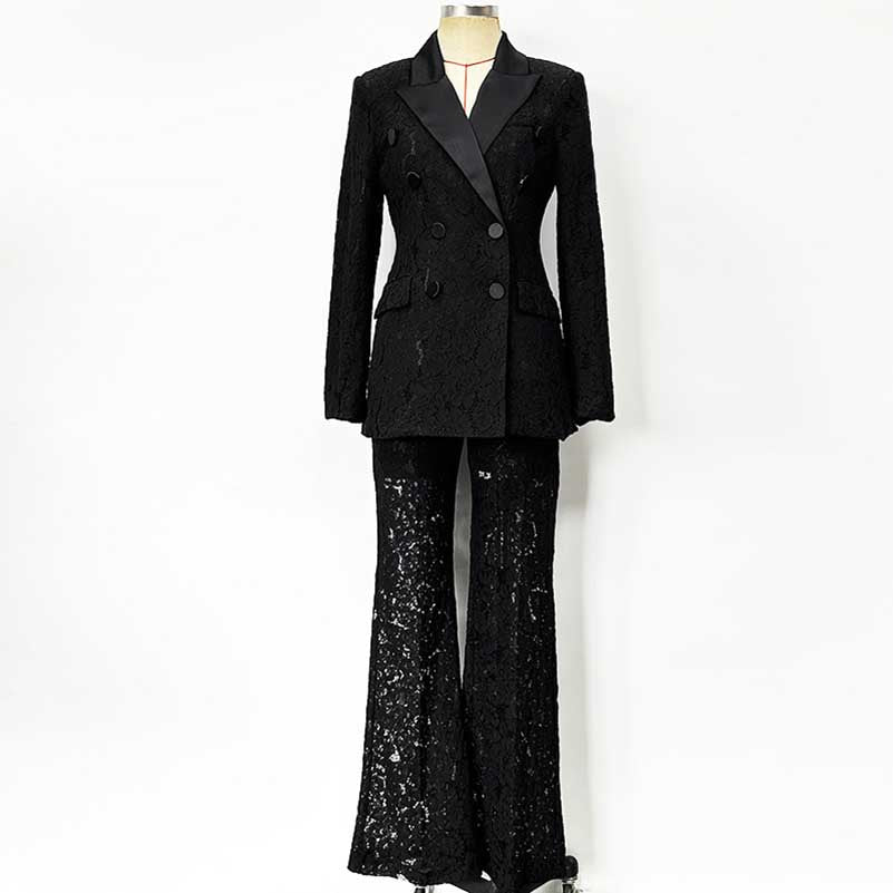 Black Lace Blazer Pant Suit Women | Double Breasted Tuxedo Suit Set