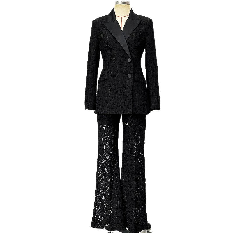 Black Lace Blazer Pant Suit Women | Double Breasted Tuxedo Suit Set