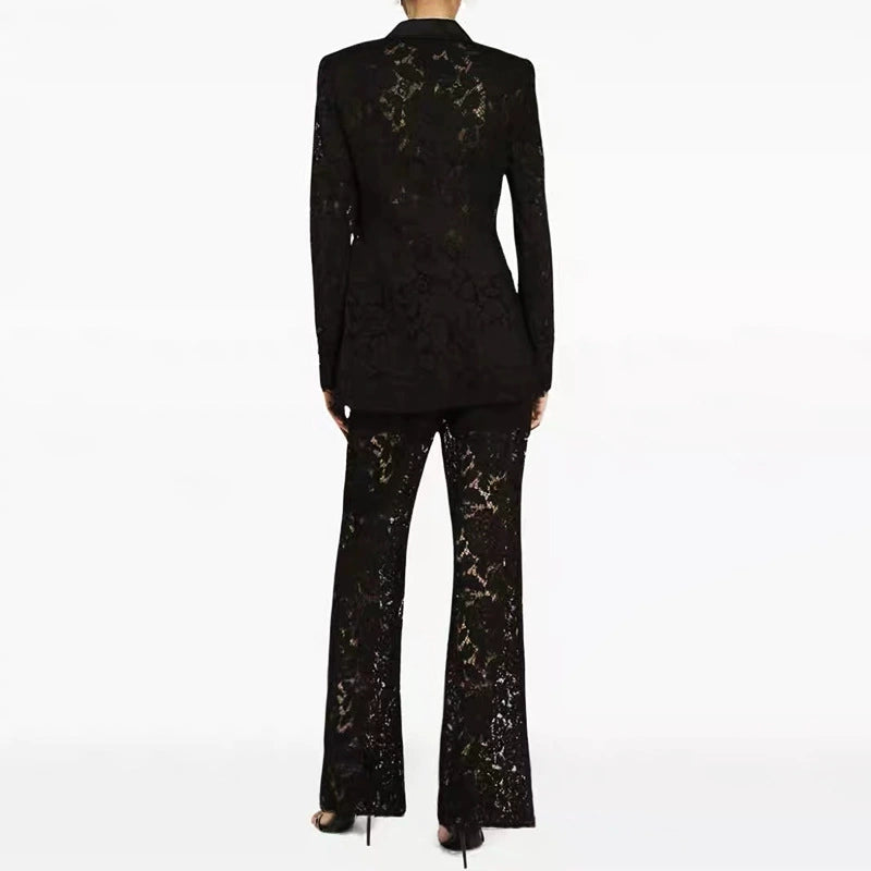 Black Lace Blazer Pant Suit Women | Double Breasted Tuxedo Suit Set