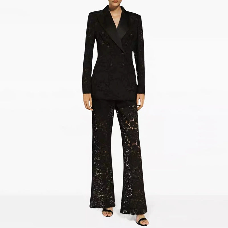 Black Lace Blazer Pant Suit Women | Double Breasted Tuxedo Suit Set