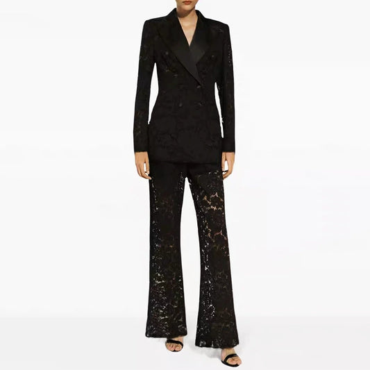 Black Lace Blazer Pant Suit Women | Double Breasted Tuxedo Suit Set