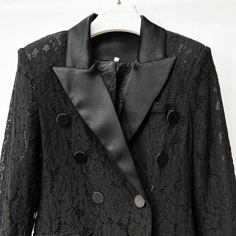 Black Lace Blazer Pant Suit Women | Double Breasted Tuxedo Suit Set