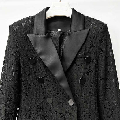 Black Lace Blazer Pant Suit Women | Double Breasted Tuxedo Suit Set