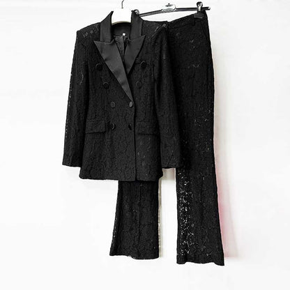 Black Lace Blazer Pant Suit Women | Double Breasted Tuxedo Suit Set