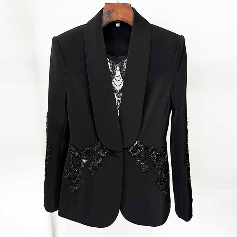 Black Mesh Embroidery Crystals Bead-Embellished Pantsuit