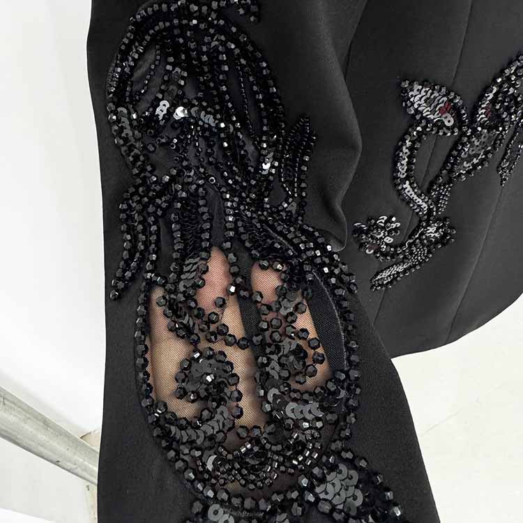 Black Mesh Embroidery Crystals Bead-Embellished Pantsuit