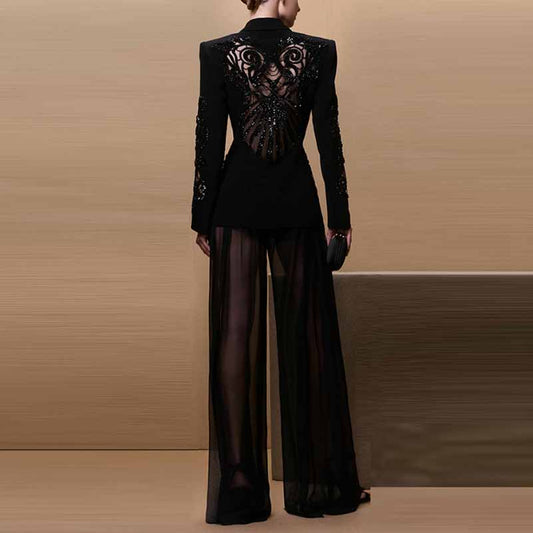 Black Mesh Embroidery Crystals Bead-Embellished Pantsuit