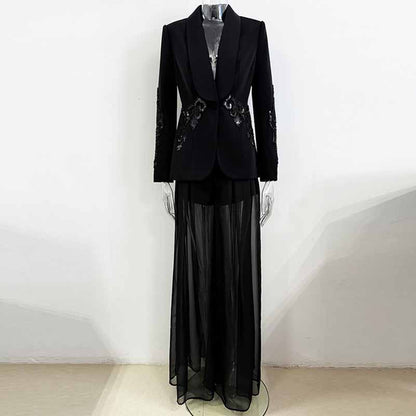 Black Mesh Embroidery Crystals Bead-Embellished Pantsuit